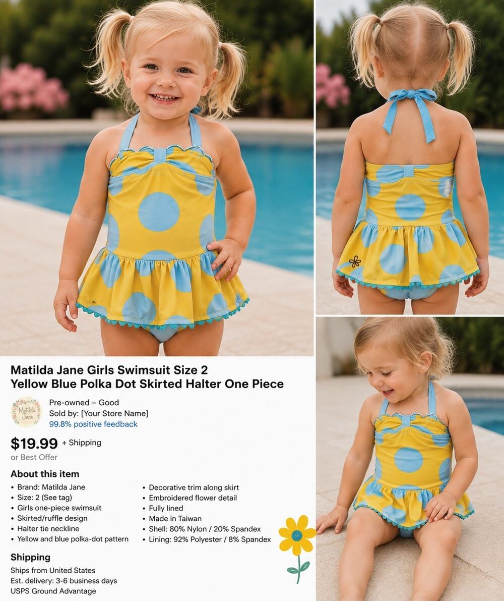 Matilda Jane Girls Size 2 Swimsuit Yellow Blue Polka Dot Skirted Halter One Piec